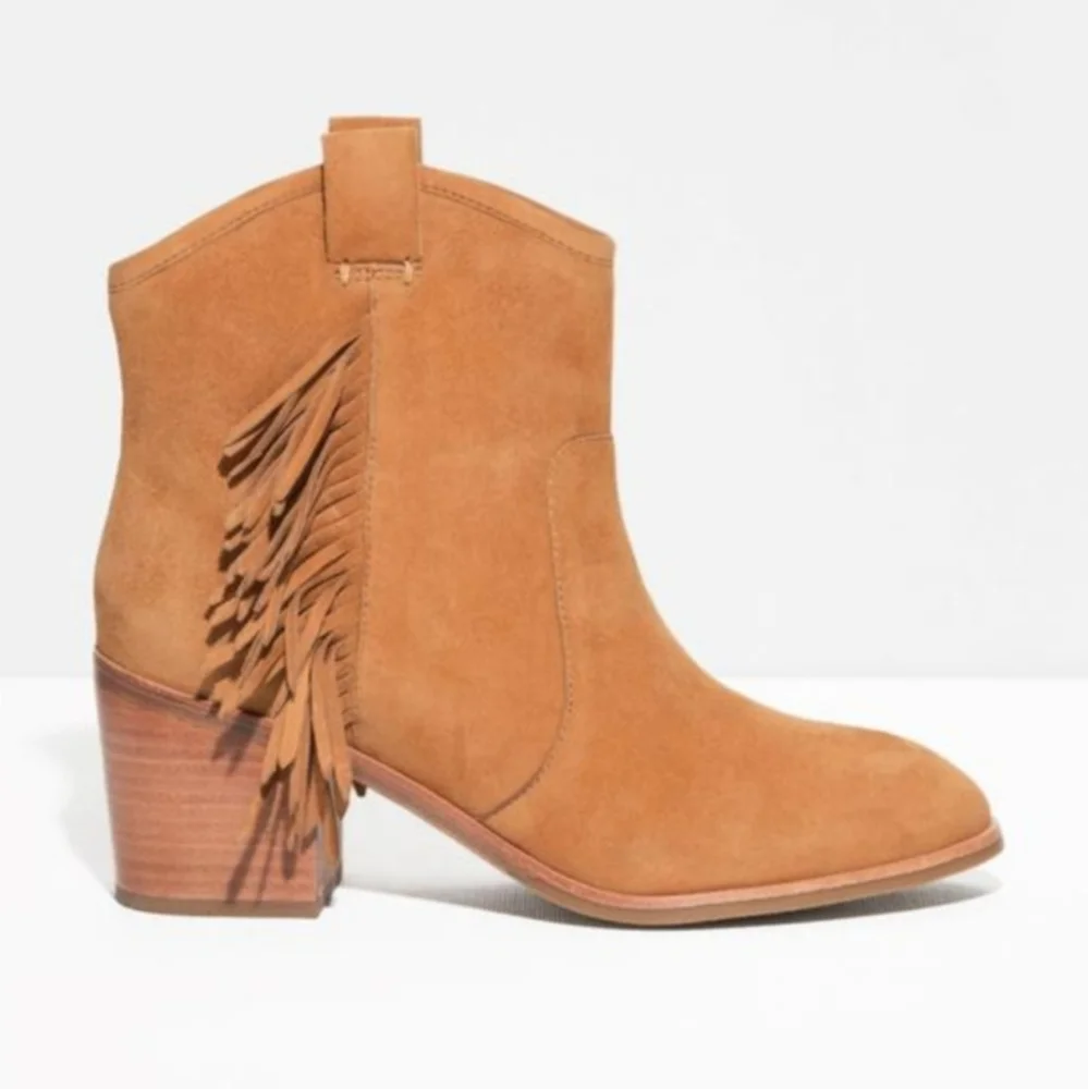 & Other Stories Suede Fringe Ankle Booties Western Boho Womens 9